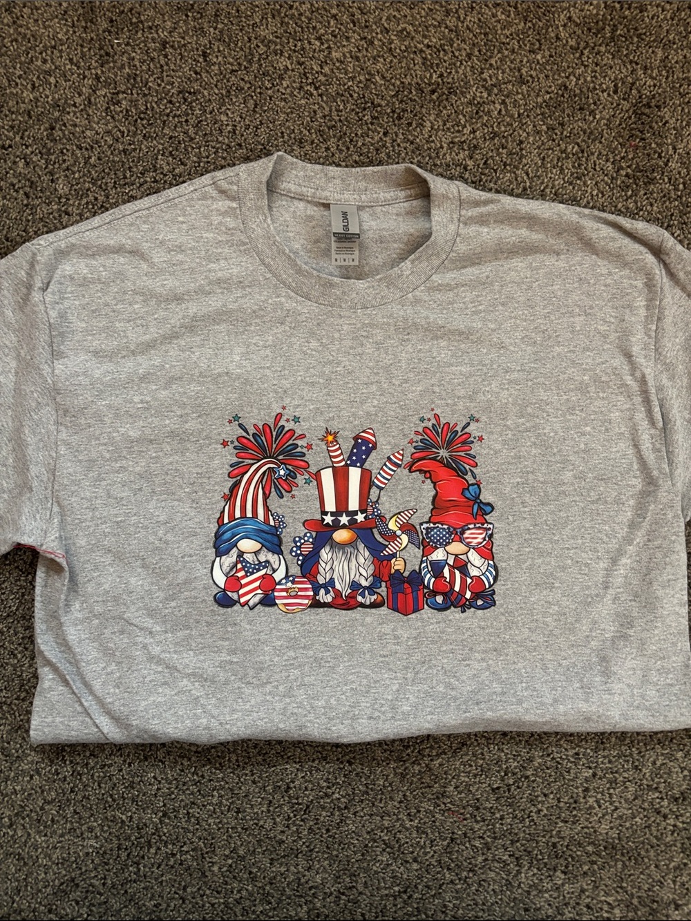Gildan Gray Tee with Red White and Blue Patriotic Gnome Design
